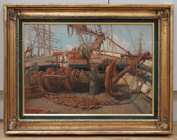 Edward Taylor, oil on board, 'On board the Arken', unsigned, inscribed in ink verso, 35 x 50cm, ornate gilt framed. Condition - good